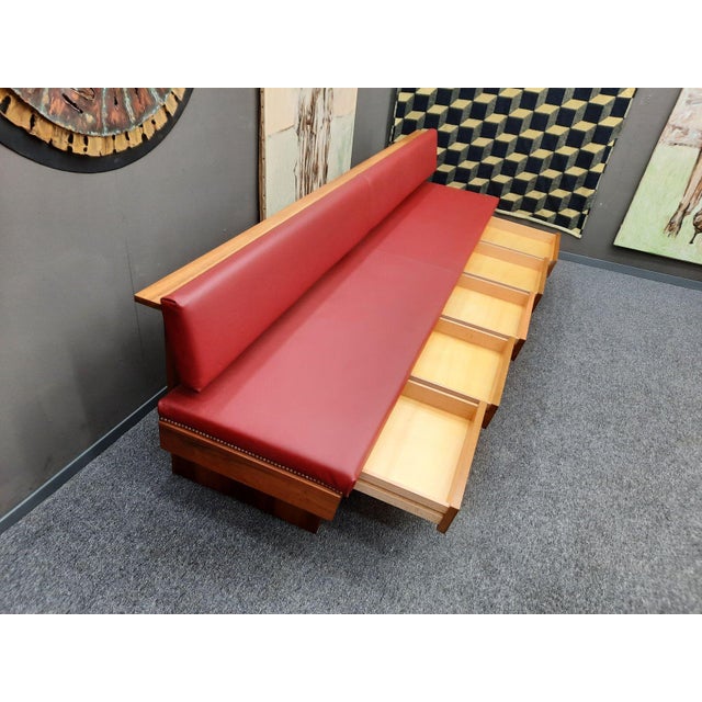 Wood Mid-Century Modern Walnut and Leather Bench with Drawers, 1950s For Sale - Image 7 of 13