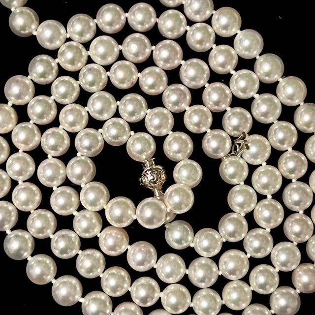 1990s Mikimoto Estate Akoya Pearl Diamond Necklace 36" 18k Gold For Sale - Image 4 of 12