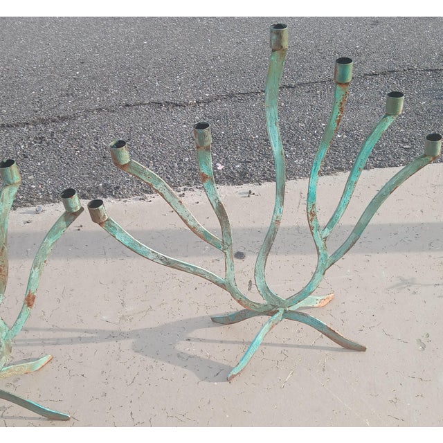 Vintage 7 Arm Brutalist Candelabra Hand-Forged Iron and Copper With Verdigris, a Pair For Sale - Image 13 of 15
