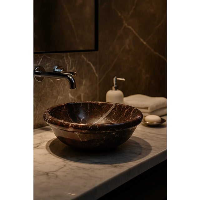 Bring timeless sophistication to your bathroom with this Round Rosso Levanto Marble Vessel Sink, handcrafted from premium...