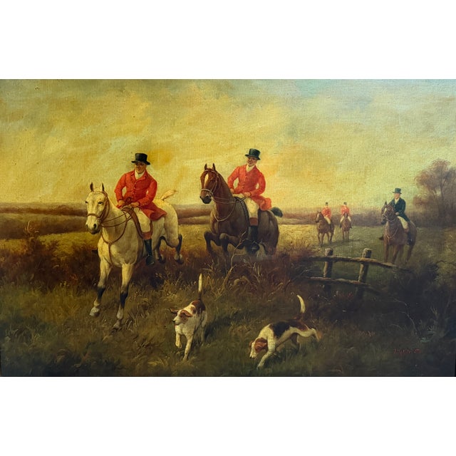 Large Vintage Oil Painting English Fox Hunt Horses Hounds Hunting Scene Signed For Sale In Jacksonville, FL - Image 6 of 12