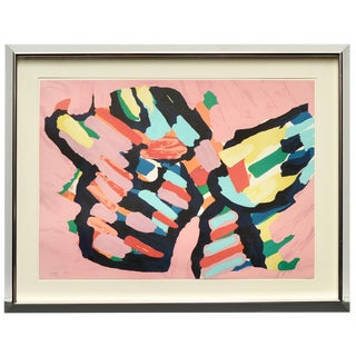 Karel Appel "Lying in Color ‘Pink Cat’" 1979, Signed, Framed in Chrome For Sale