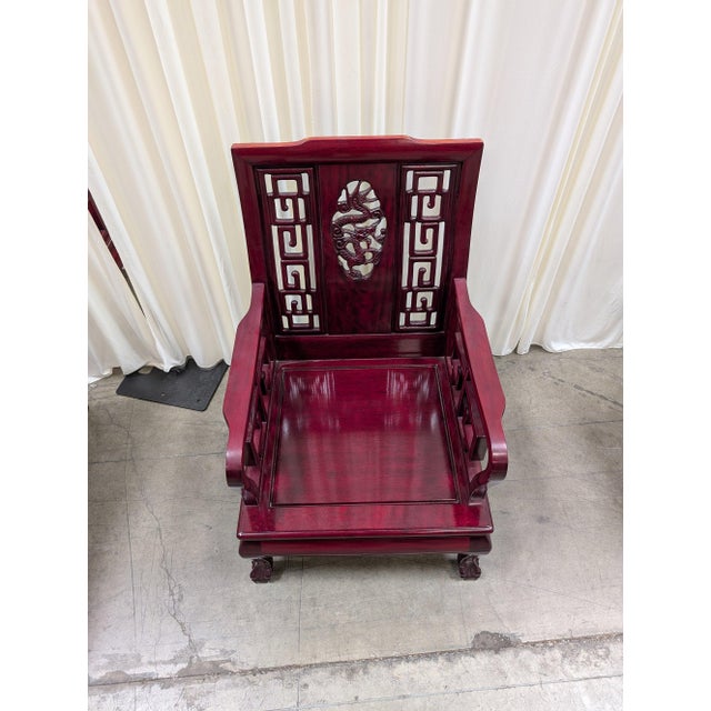 Vintage Chinese Rosewood Armchair With Hand-Carved Dragon Medallion and Red Silk Cushion For Sale In Seattle - Image 6 of 10