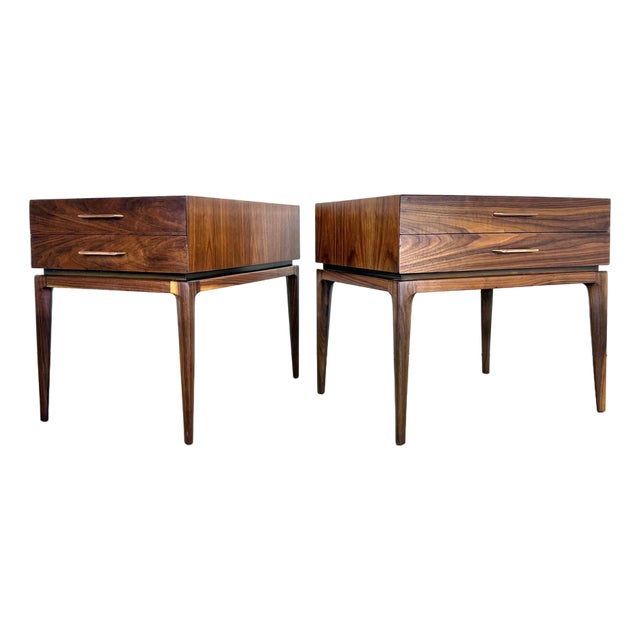 Mid Century Modern Two-Drawer Walnut Nightstands / Side Tables Restored For Sale