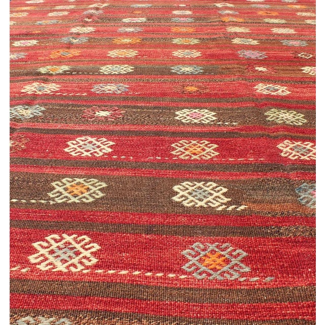 Brown Colorful Red and Brown Striped Turkish Kilim Rug With Geometric Shapes For Sale - Image 8 of 13