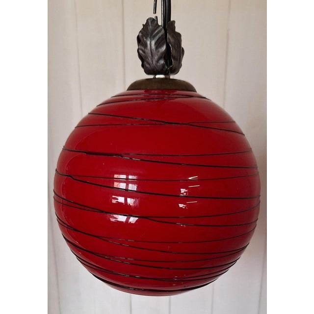 Black Vintage Hanging Lamp with Red Spherical Glass Shade, 1970s For Sale - Image 8 of 9