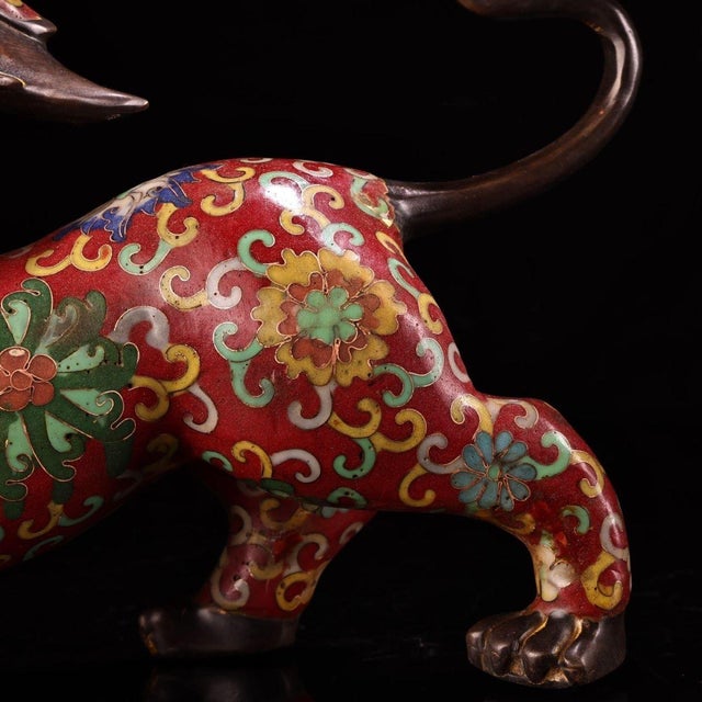 Red Vintage Cloisonne Enamel Mythical Beast Figure – 11.8" Qilin Sculpture For Sale - Image 8 of 9