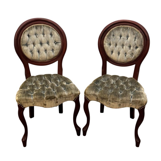 Vintage Victorian Style Mahogany Frame Velvet Tufted Accent Chairs - Pair For Sale - Image 11 of 11