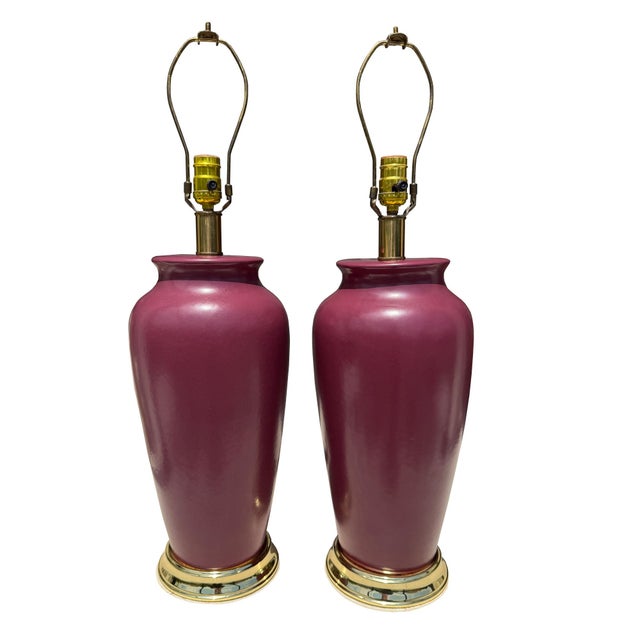 Vintage Sang De Boeuf Oxblood Glazed Ceramic and Brass Table Lamps With Shades - a Pair For Sale - Image 10 of 10