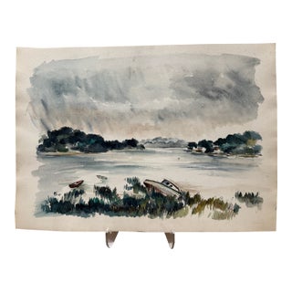 Henry Emil Salloch Original Watercolor on Paper Small Moored Boats, 1947. For Sale