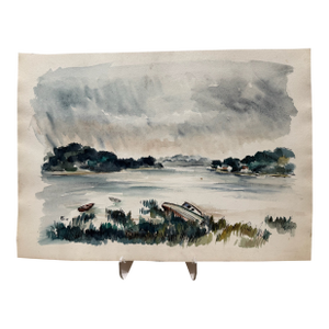 Henry Emil Salloch Original Watercolor on Paper Small Moored Boats, 1947.