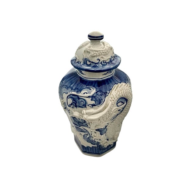 Late 20th Century Ginger Jar Large Heavy Blue and White Porcelain 3d Relief Dragon Vintage Asian Decor For Sale - Image 4 of 6