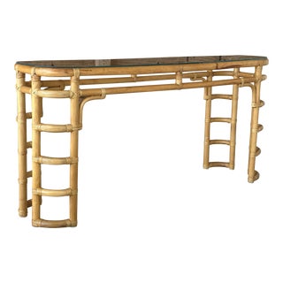 Vintage Coastal Boho Rattan Console Table For Sale