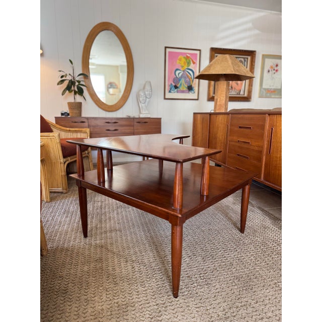 Large 2 Tier Corner Table in a Warm Cherry Finish, Blending Form and Function With Its Clean Mid Century Lines, Circa 1970s. For Sale In Houston - Image 6 of 12