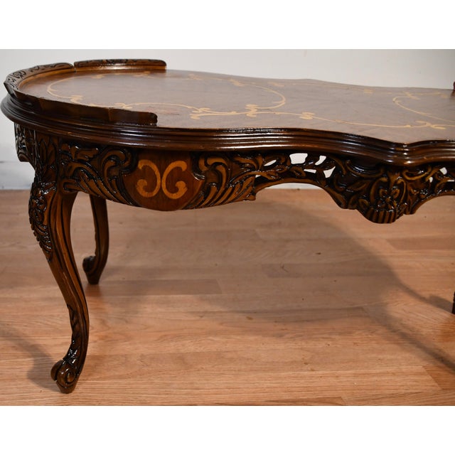 1920s Antique French Louis XV Walnut & Satinwood Inlay Coffee and End Tables Set For Sale - Image 14 of 17