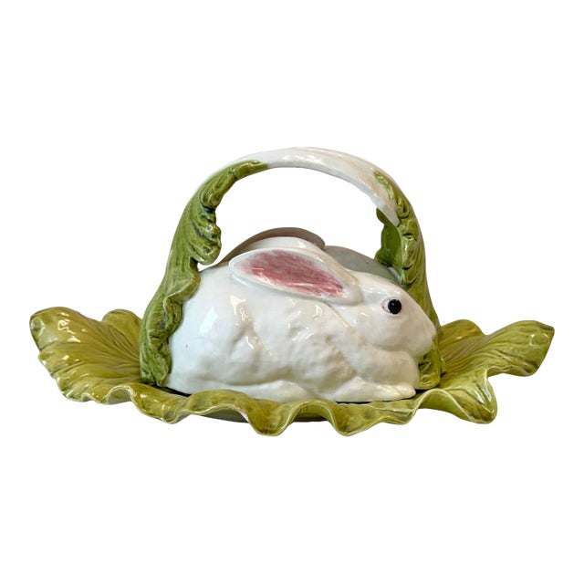 Vintage Bordallo Pinheiro Majolica Rabbit and Lettuce Leaf Covered Platter For Sale