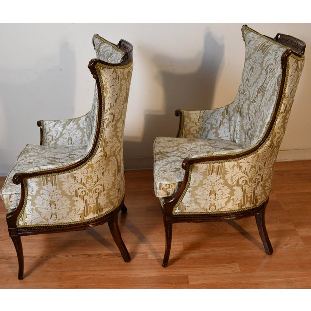 1930 Pair French Carved Mahogany High-Back Living Room Chairs / Spring-Seat For Sale - Image 17 of 18