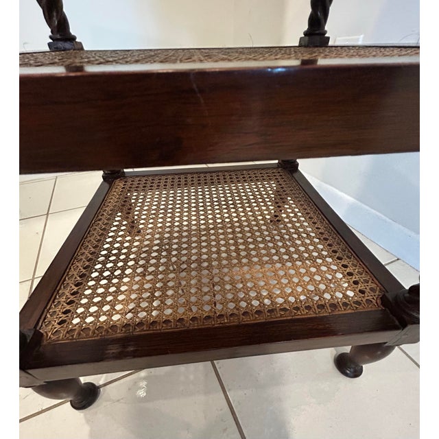 Late 19th Century British Colonial Side Table-Antique Mahogany End Table-Three Tiered Caned Stand-Barley Twist Legs-Two Drawers For Sale - Image 9 of 12