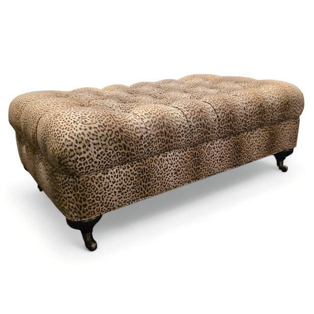 English Lee Industries Tufted Leopard Print Upholstered Ottoman With Turned Wooden Legs and Casters For Sale - Image 3 of 5