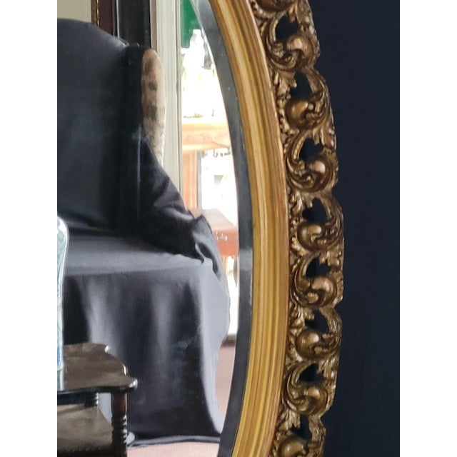 Glass Early 1900s French Style Hand Carved Gilded Oval Beveled Wall Mirror For Sale - Image 7 of 12