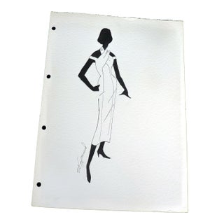 Original Mid-Century Studio Fashion Sketch Matted Signed "W. Mannard" Evening Column Gown 11" X 14" For Sale
