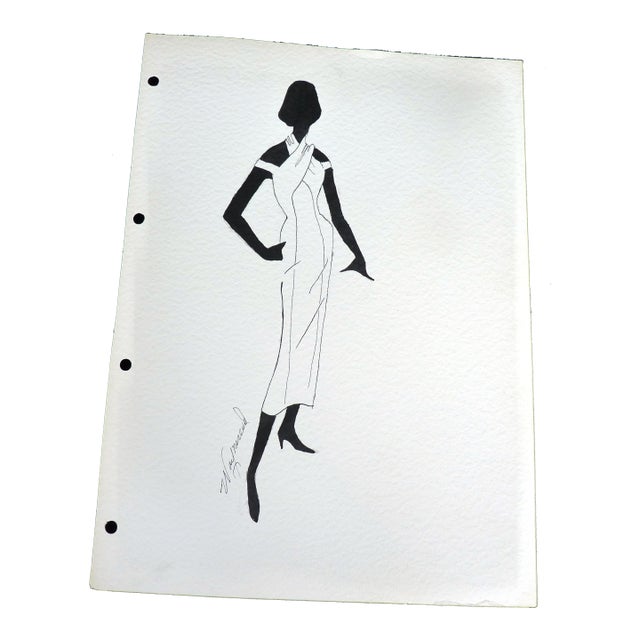 Original Mid-Century Studio Fashion Sketch Matted Signed "W. Mannard" Evening Column Gown 11" X 14" For Sale