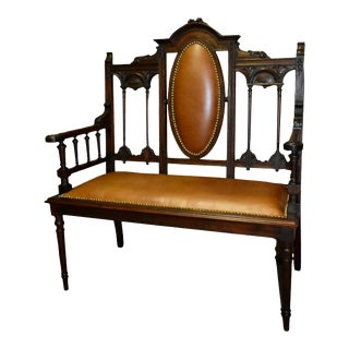 Antique Edwardian Carved Walnut Settee W/Leather & Nail Head Trim For Sale