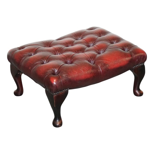 Vintage Burgundy Leather Chesterfield Queen Anne Legs Ottoman For Sale