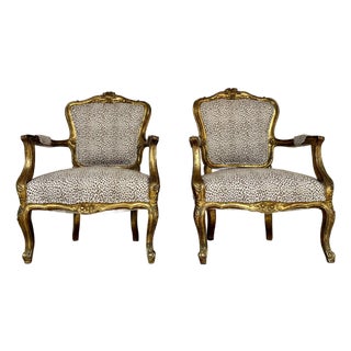Italian Antique Carved Wood Leopard Print Bergere Chairs Pair For Sale