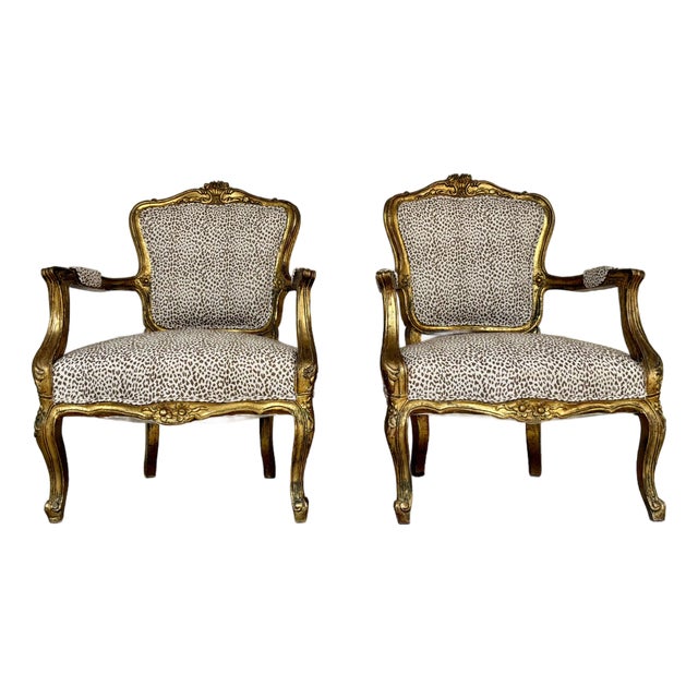 Italian Antique Carved Wood Leopard Print Bergere Chairs Pair For Sale