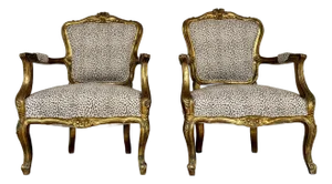 Italian Antique Carved Wood Leopard Print Bergere Chairs Pair