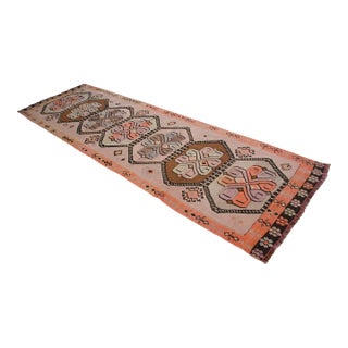 Vintage Turkish Handmade Kilim Runner Rug Organic Woll Tribal Design Primitive Rug - 3′5″ × 12′8″ For Sale
