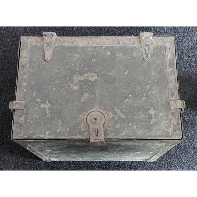 Old Metal Trunk With Leather Handles For Sale - Image 4 of 6
