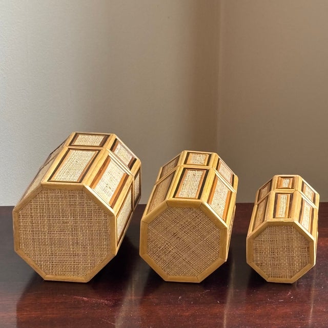Tan 1960s Bamboo & Rattan Octagonal Nesting Boxes — Set of 3 For Sale - Image 8 of 17