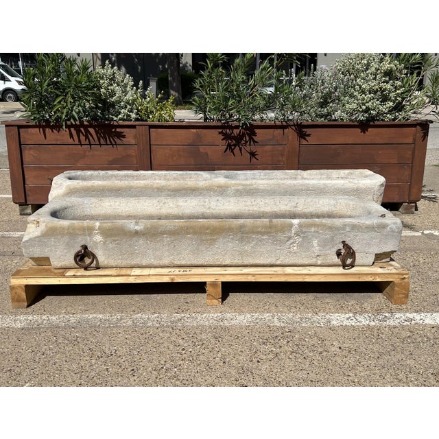 19th Century French Limestone Trough Basin With Iron Horse Tie Rings, Burgundy For Sale In Dallas - Image 6 of 12
