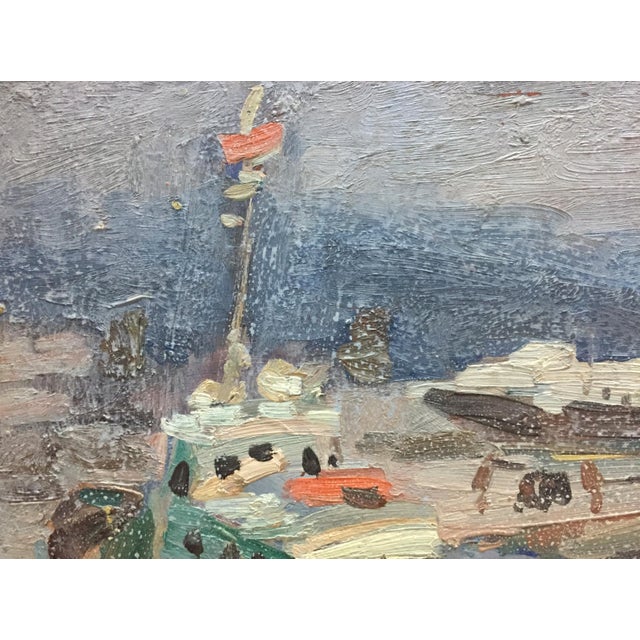 Impressionist 1960s Oil Painting Ship Port v. Karpin For Sale - Image 3 of 11