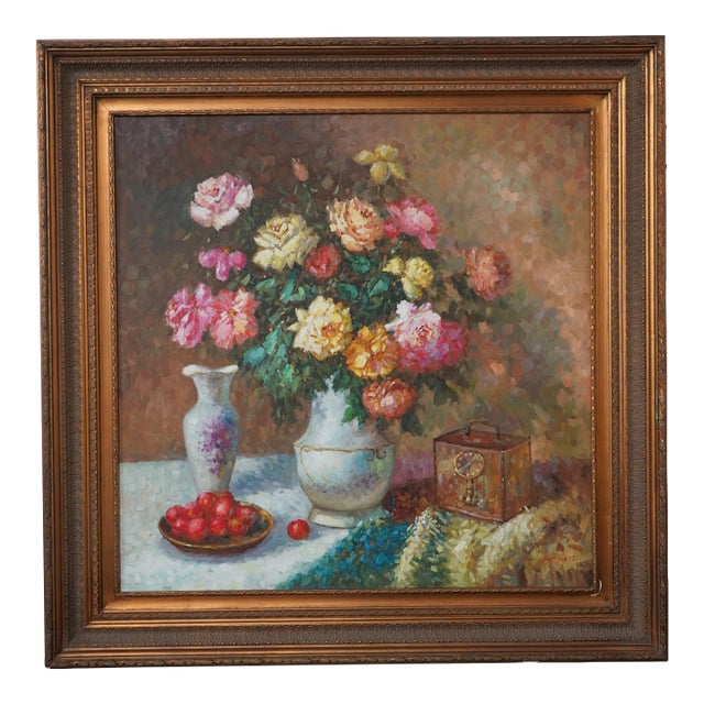 Large Floral Still Life Oil Painting on Canvas Artist Signed For Sale