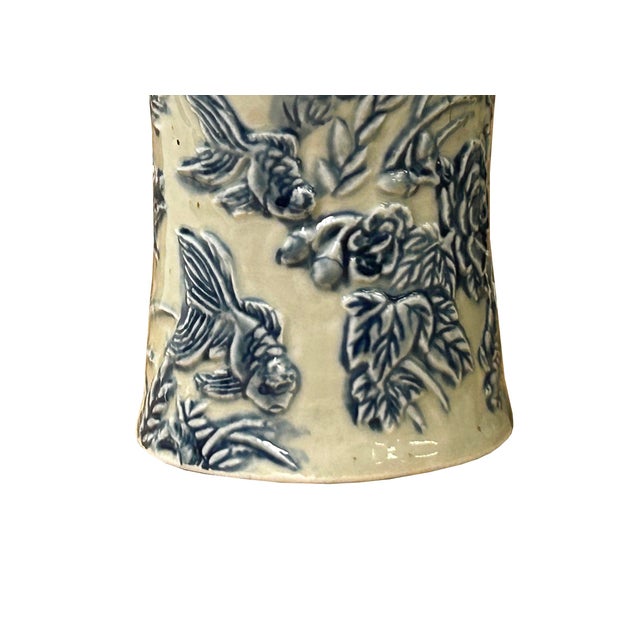 Cornflower Blue Cream Celadon Porcelain Blue Flower Gold Fishes Cylindrical Container For Sale - Image 8 of 10