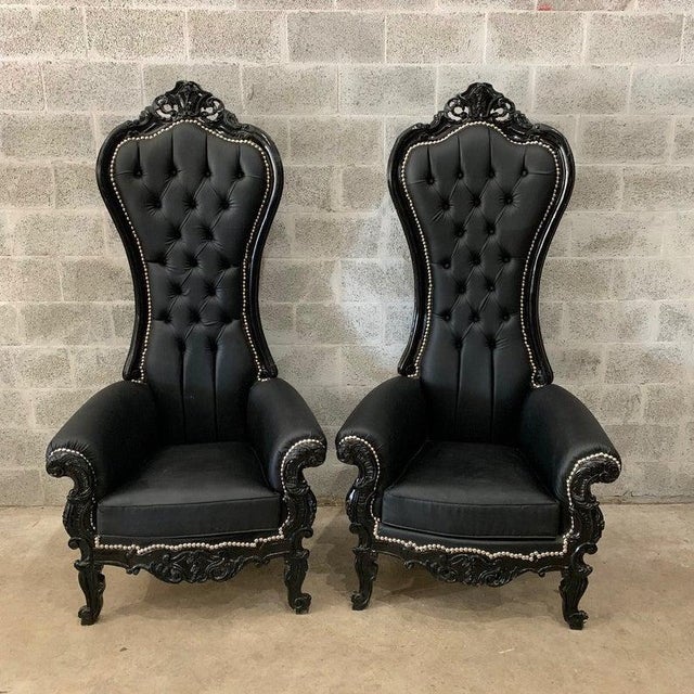 Black Leather Baroque Style Tufted Throne Chairs A Pair Chairish