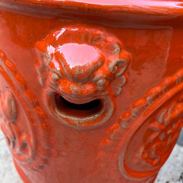 Mid Century Orange Ceramic Garden Stools With Floral Medallions & Lion Head Handles For Sale - Image 10 of 12