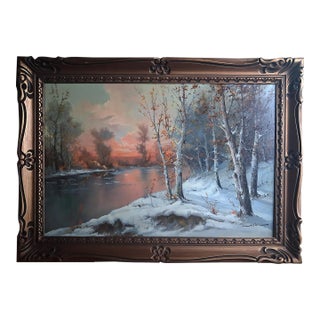 20th Century Winter River Sunset Landscape Oil Painting With Birches, Signed Cardi For Sale