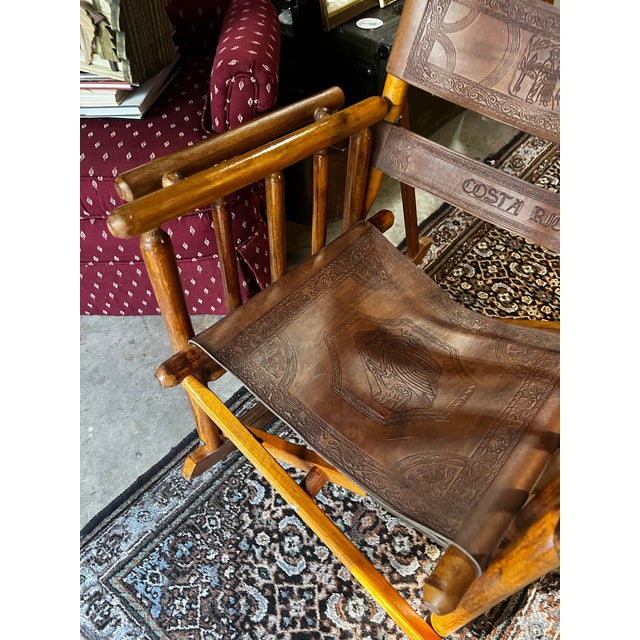 Wooden and Leather Handmade Rocking Chair With Costa Rica Birds Design For Sale - Image 10 of 12