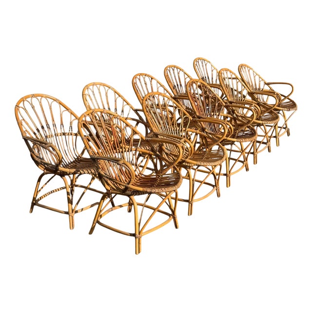 Vintage Rattan Armchairs, 1960s, France, Set of 10 For Sale