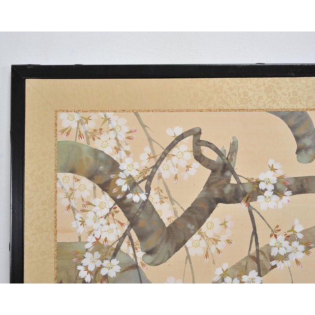 Japanese Showa Four Panel Screen Flowering Cherry Blossom For Sale - Image 9 of 18
