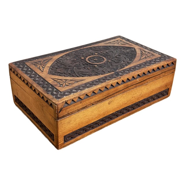 Vintage Carved Wood Lidded Box For Sale