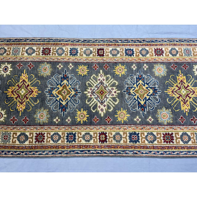 2000 - 2009 Charcoal Gray and Cream Kazak Wool Runner Rug With Tribal Motifs, 2'9" X 9'8" For Sale - Image 5 of 13