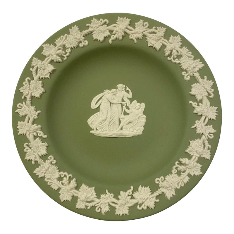 Vintage 1970 Wedgwood Cream On Celadon Jasperware Round Catch-all Tray - Cupid Asleep