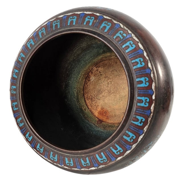 Wood Late Meiji Japanese Patinated Champlevé Jardinière With Crane & Turtle Motifs 9.75" For Sale - Image 7 of 13