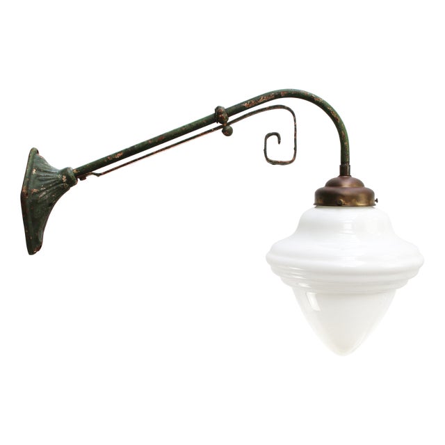 French Green Cast Iron and Opaline Glass Wall Light For Sale
