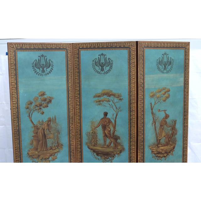 Stunning hand painted Neoclassical style three panel room screen by Maitland Smith. The Neoclassical style, featuring...